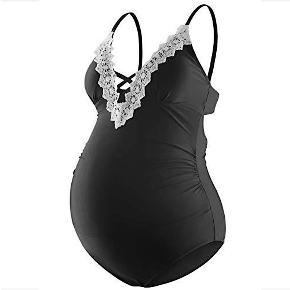 One-Piece Lace Trimmed Dark Goth Maternity Swimsuit Black V-Neck Size Me…